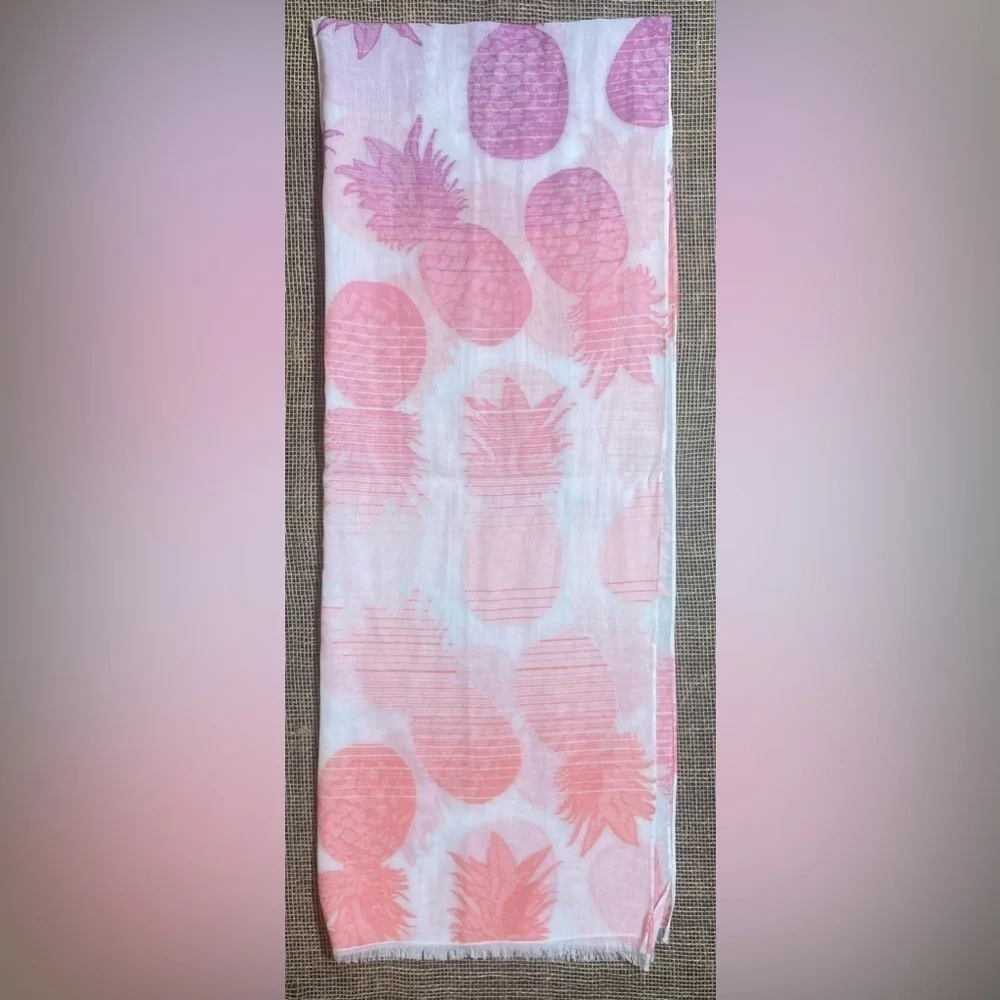 Scarf White With Pink Peach & Purple Pineapples Fringe